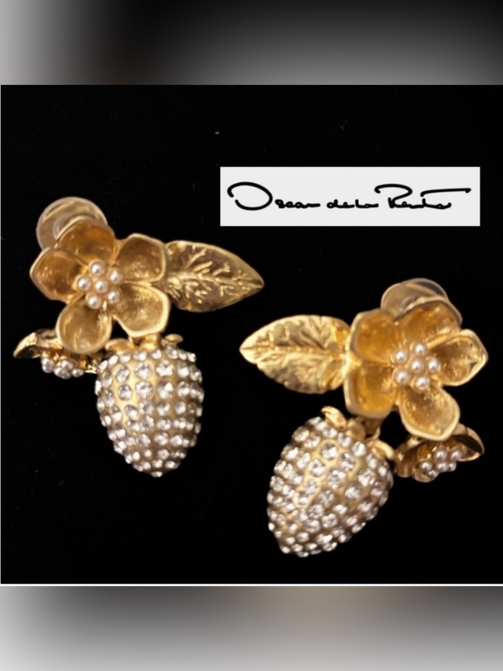 OSCAR DE LA RENTA • Golden Strawberry Fields Flowers Berries Clip-on  Earrings